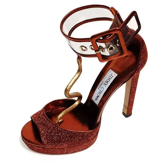Jimmy Choo Mayner 130 Orange Glitter Women US 7 EU 37 Ankle Strap Sandals - Picture 3 of 9